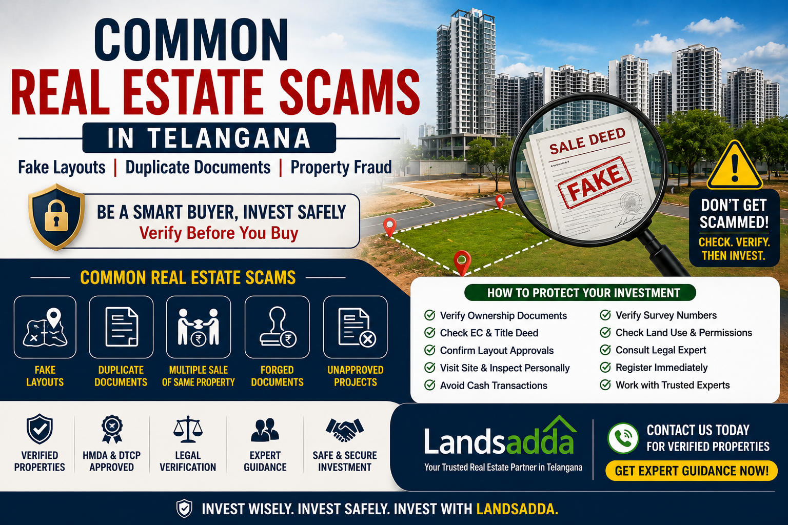 Illustration explaining common real estate scams in Telangana, including fake layouts, duplicate documents, forged sale deeds, and tips for safe property investment.