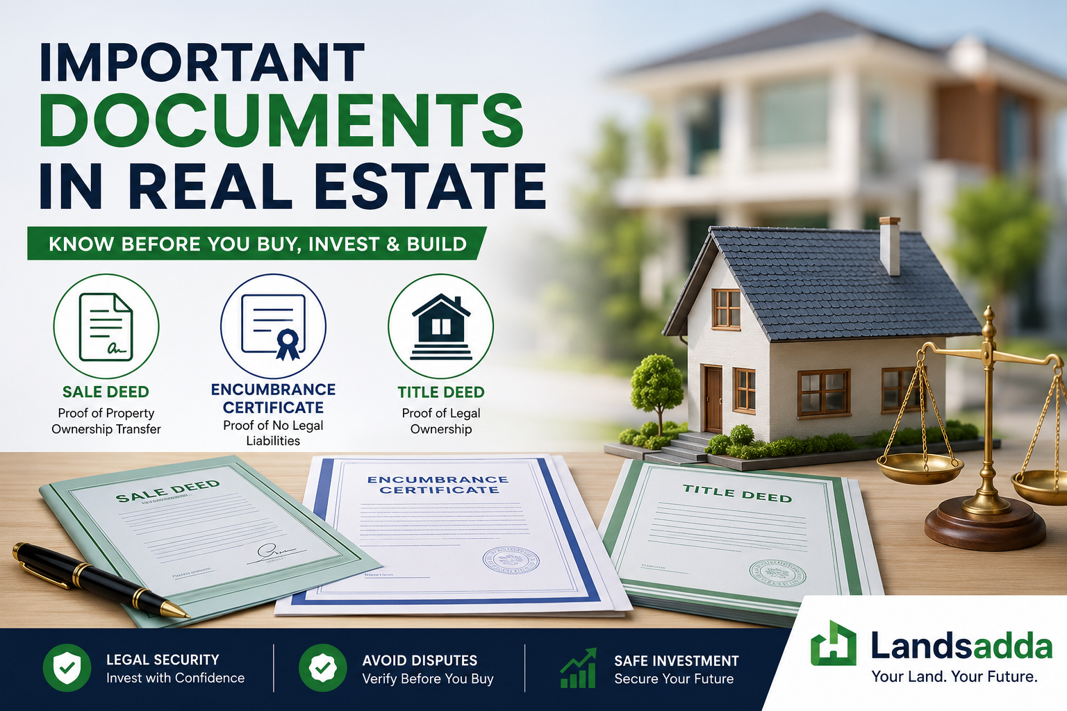 Important real estate documents including Sale Deed, Encumbrance Certificate, and Title Deed explained for property buyers in Telangana by Landsadda.