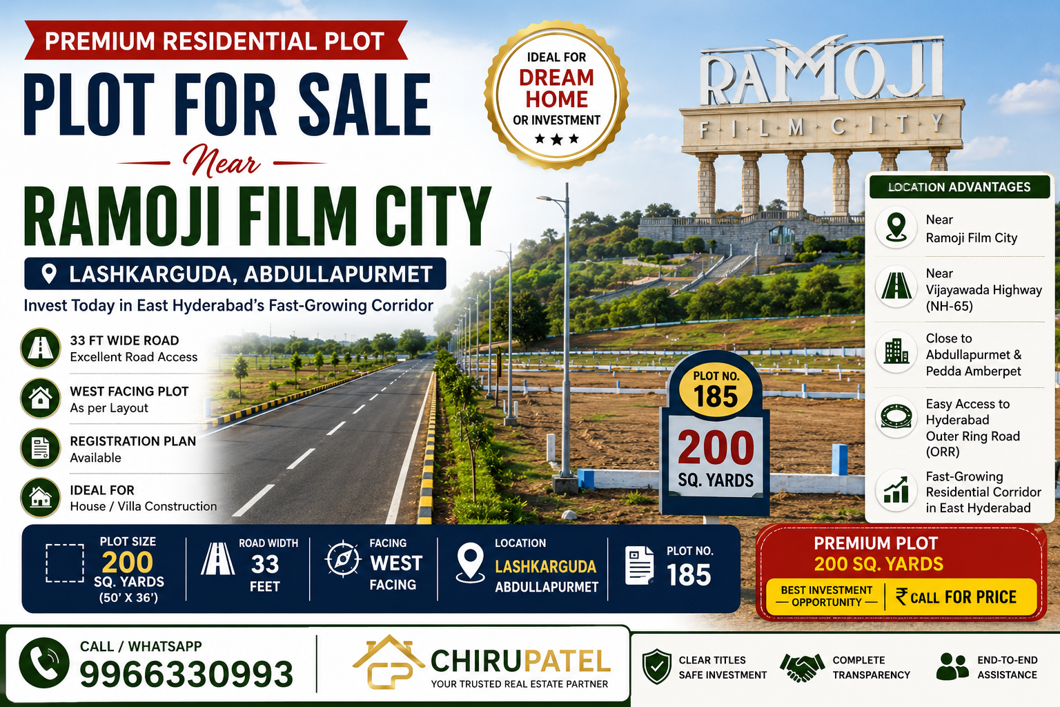 200 square yards residential plot for sale in Lashkarguda near Ramoji Film City, Abdullapurmet, Hyderabad with 33 feet road access and investment potential.