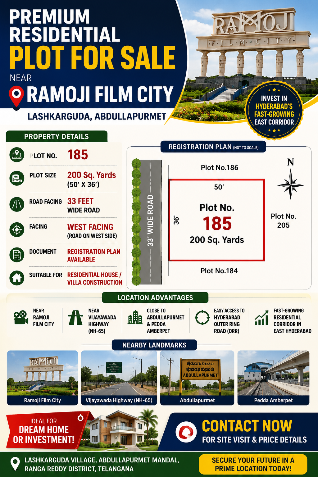 200 Sq Yards residential plot for sale near Ramoji Film City in Lashkarguda, Abdullapurmet, Hyderabad with 33 feet road access.